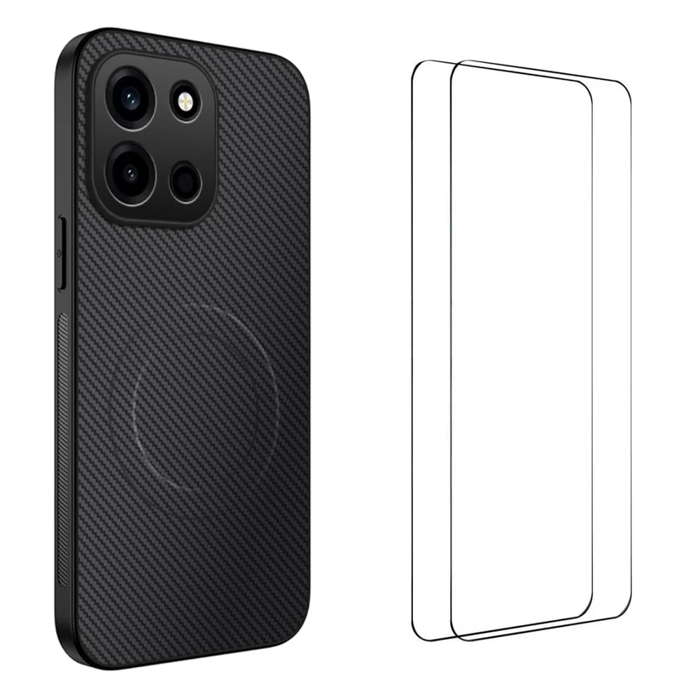 WANLONFENG For OnePlus Turbo 6 5G TQ1 Series Magnetic Case Carbon Fiber Texture PC TPU Phone Cover with 2Pcs Screen Films - Black - 1