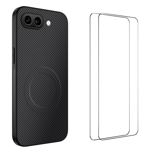 WANLONFENG For Google Pixel 10a TQ1 Series Magnetic Case Carbon Fiber Texture PC TPU Phone Cover with 2Pcs Screen Films - Black - 1