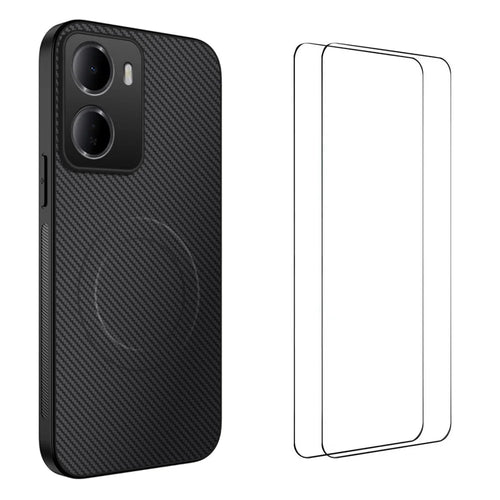 WANLONFENG For Xiaomi Redmi 15a 5G TQ1 Series Magnetic Case Carbon Fiber Texture PC TPU Phone Cover with 2Pcs Screen Films - Black - 1