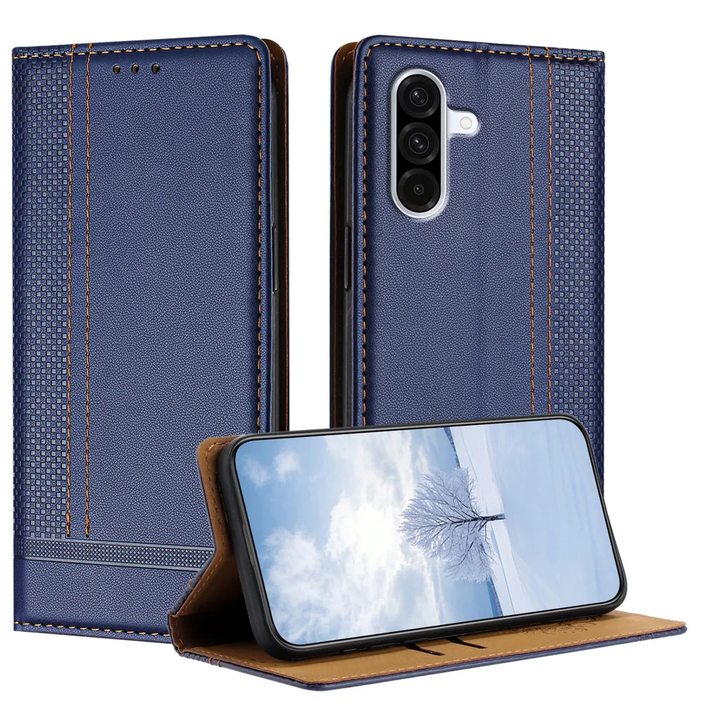 For Samsung Galaxy A27 5G Case L-Shaped Grid Pattern Leather Stand Phone Cover with Card Slots - Blue - 1