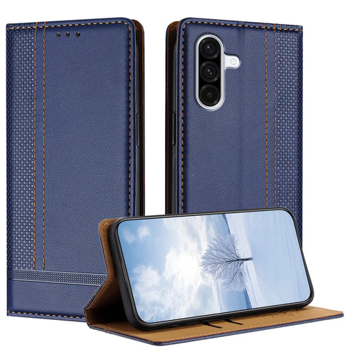 For Samsung Galaxy A27 5G Case L-Shaped Grid Pattern Leather Stand Phone Cover with Card Slots - Blue - 1