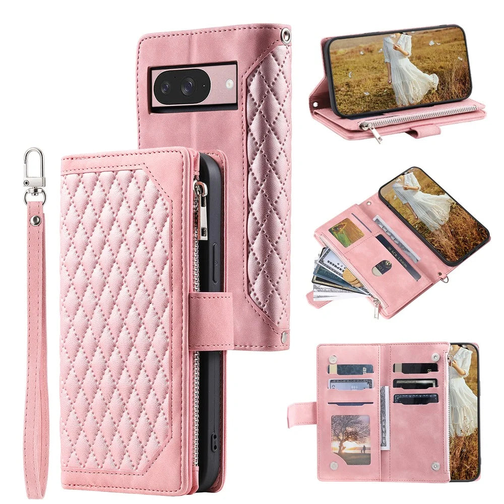 For Google Pixel 11 Wallet Case Rhombus Stitching Line PU Leather Phone Cover with Wrist Strap - Rose Gold - 1