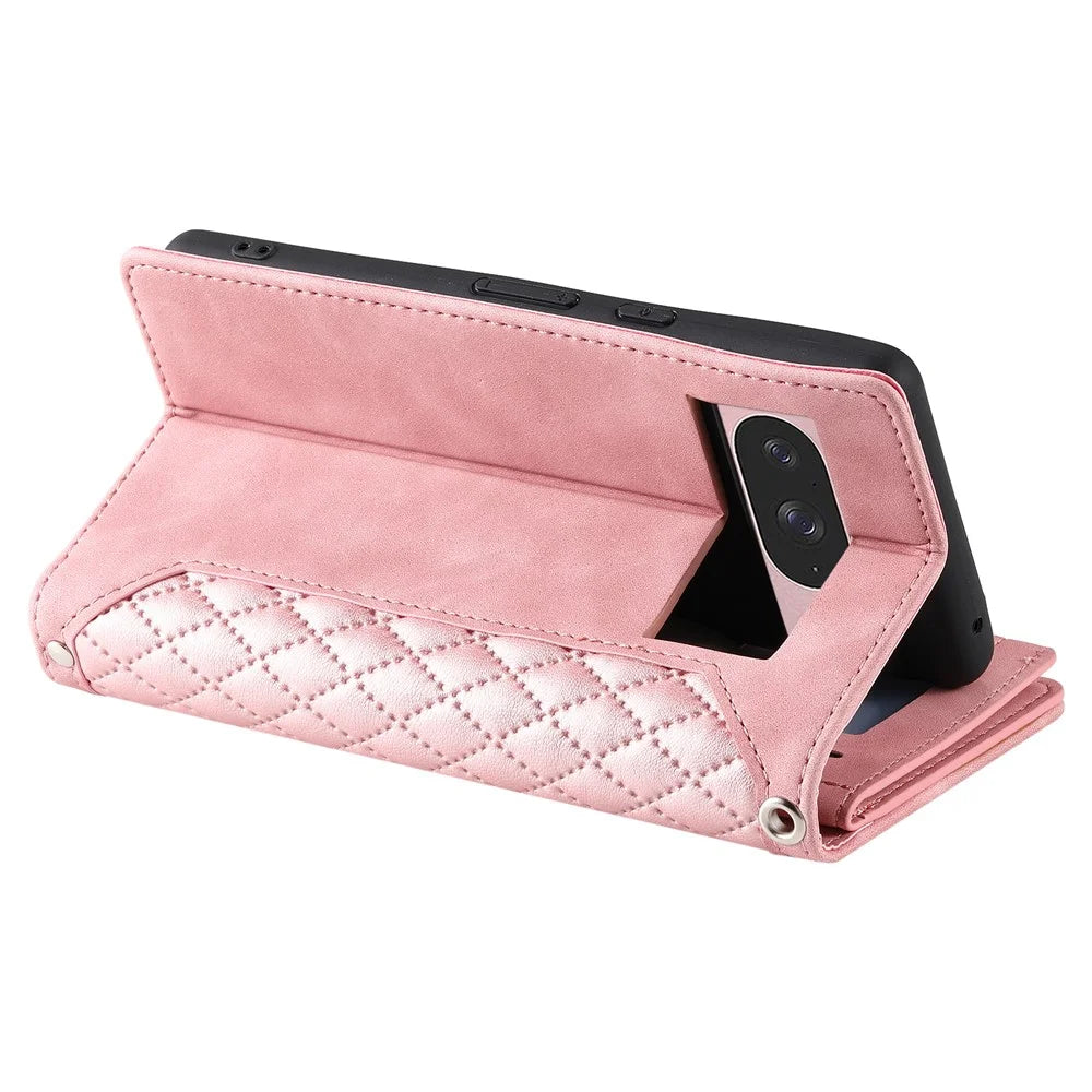 For Google Pixel 11 Wallet Case Rhombus Stitching Line PU Leather Phone Cover with Wrist Strap - Rose Gold - 4