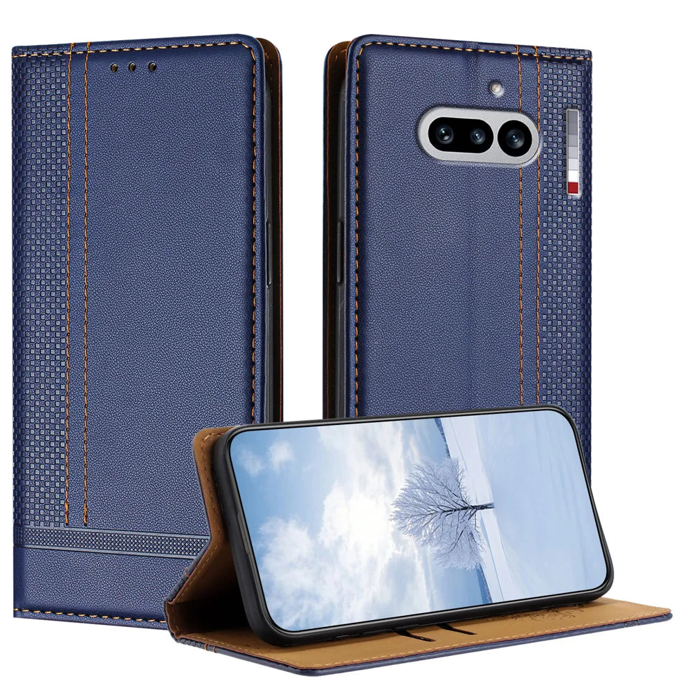 For Nothing Phone (4a) Case L-Shaped Grid Pattern Leather Stand Phone Cover with Card Slots - Blue - 1