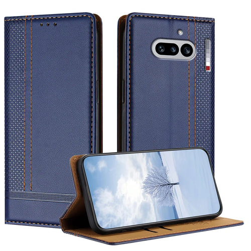 For Nothing Phone (4a) Case L-Shaped Grid Pattern Leather Stand Phone Cover with Card Slots - Blue - 1