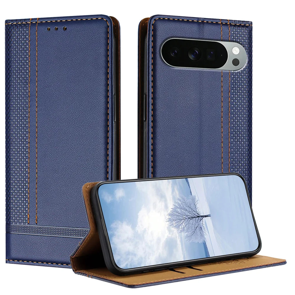 For Google Pixel 11 Pro XL Case L-Shaped Grid Pattern Leather Stand Phone Cover with Card Slots - Blue - 1