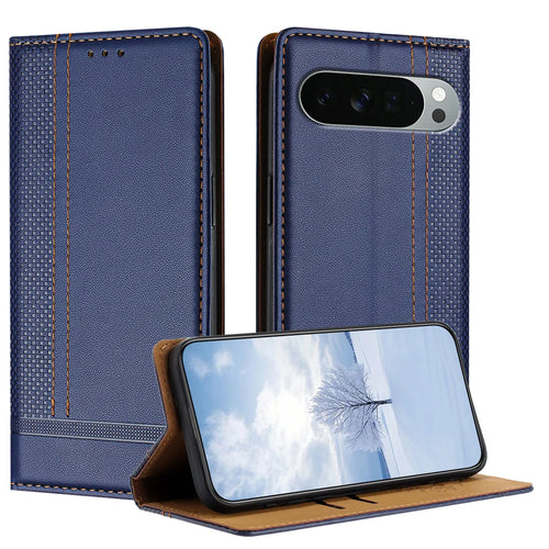 For Google Pixel 11 Pro XL Case L-Shaped Grid Pattern Leather Stand Phone Cover with Card Slots - Blue - 1