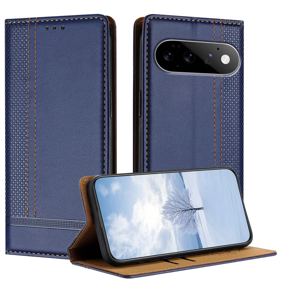 For Google Pixel 11 Pro / Pixel 11 Case L-Shaped Grid Pattern Leather Stand Phone Cover with Card Slots - Blue - 1