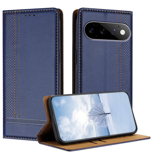 For Google Pixel 11 Pro / Pixel 11 Case L-Shaped Grid Pattern Leather Stand Phone Cover with Card Slots - Blue - 1
