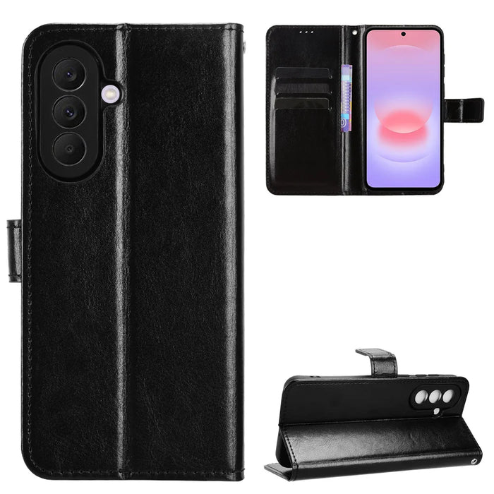 For Samsung Galaxy A37 5G PU Leather Case with Strap Crazy Horse Texture Phone Wallet Cover - Black - 1