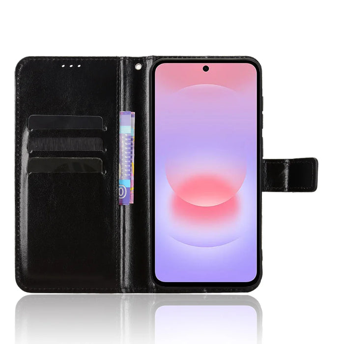 For Samsung Galaxy A37 5G PU Leather Case with Strap Crazy Horse Texture Phone Wallet Cover - Black - 5