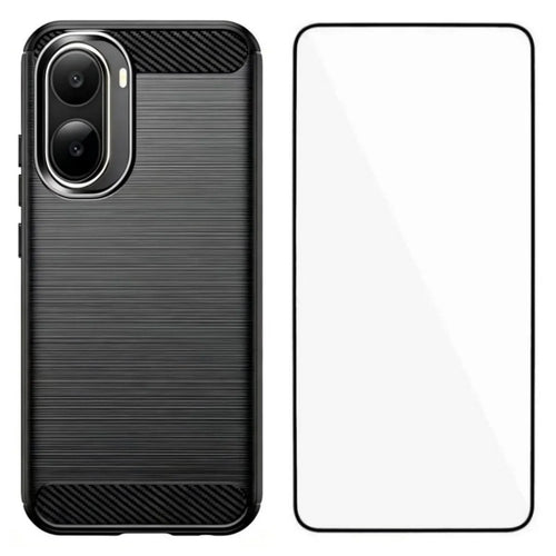 WANLONFENG For Xiaomi Poco C85x 5G / Redmi A7 Pro 4G (171.56mm) Case with Screen Film LS Series Big Lens Hole Brushed Texture TPU Phone Cover - Black - 1