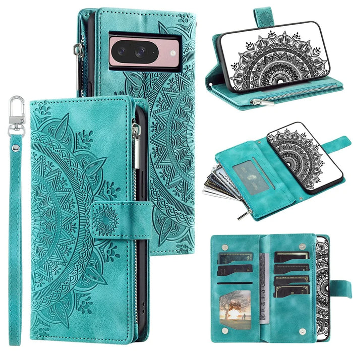 For Google Pixel 11 Wallet Case Mandala Flower Pattern PU Leather Phone Cover with Wrist Strap - Mint Green - 1