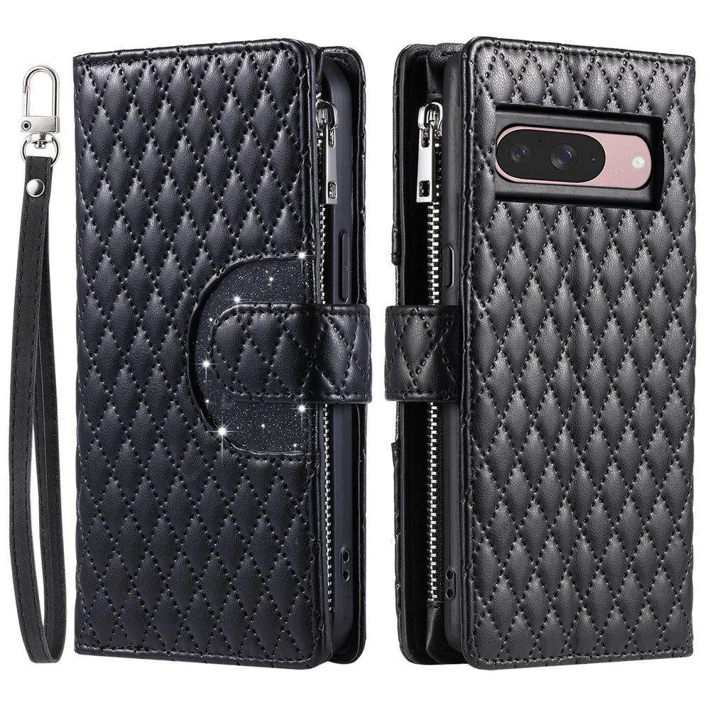 Style 012 for Google Pixel 11 Zipper Wallet Anti-scratch Case Rhombus PU Leather Phone Cover - Black - 1
