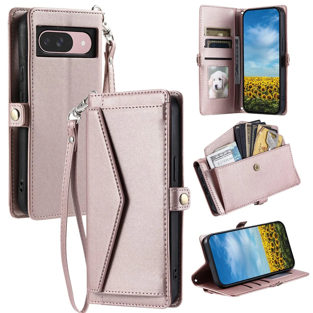 For Google Pixel 11 Leather Case with Wrist Strap Wallet Stand Phone Cover - Rose Gold - 1