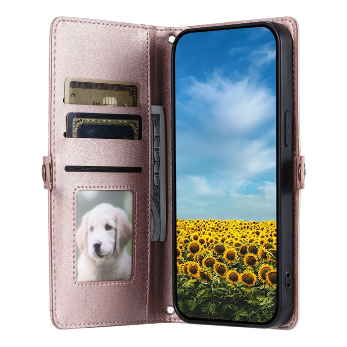 For Google Pixel 11 Leather Case with Wrist Strap Wallet Stand Phone Cover - Rose Gold - 2