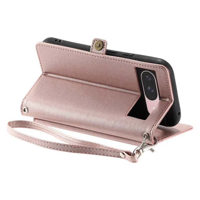For Google Pixel 11 Leather Case with Wrist Strap Wallet Stand Phone Cover - Rose Gold - 4