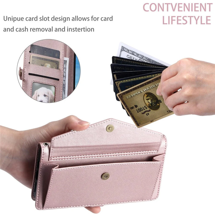 For Google Pixel 11 Leather Case with Wrist Strap Wallet Stand Phone Cover - Rose Gold - 7