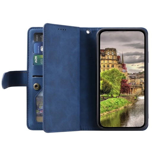 For Google Pixel 11 Case 9 Card Slots Zipper Wallet PU Leather Phone Cover with Wrist Strap - Blue - 2