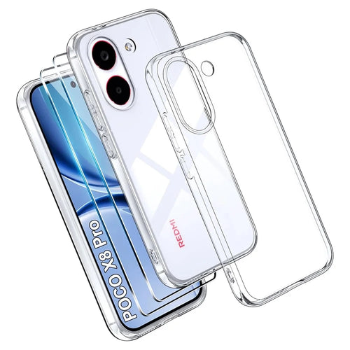 For Xiaomi Poco X8 Pro 5G Case TPU Clear Phone Cover + 2PCS Tempered Glass Screen Film 2.5D Arc Edge - Transparent - 1