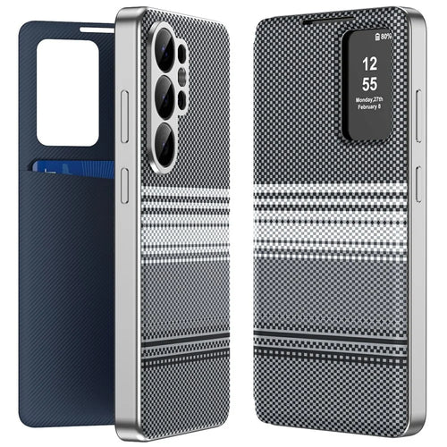 For Samsung Galaxy S26 Ultra Case Card Slot View Window Gradient Color Checkered Pattern Leather Phone Cover - Black - 1