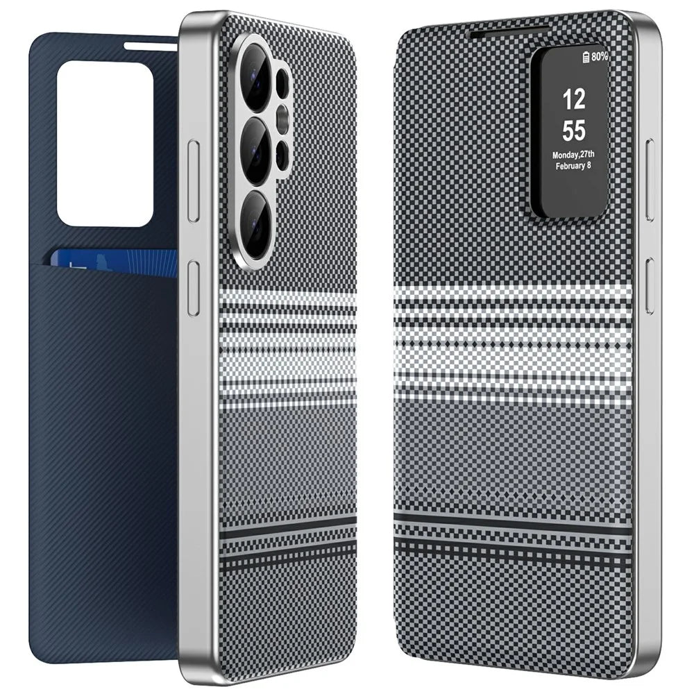 For Samsung Galaxy S26 Ultra Case Card Slot View Window Gradient Color Checkered Pattern Leather Phone Cover - Black - 1
