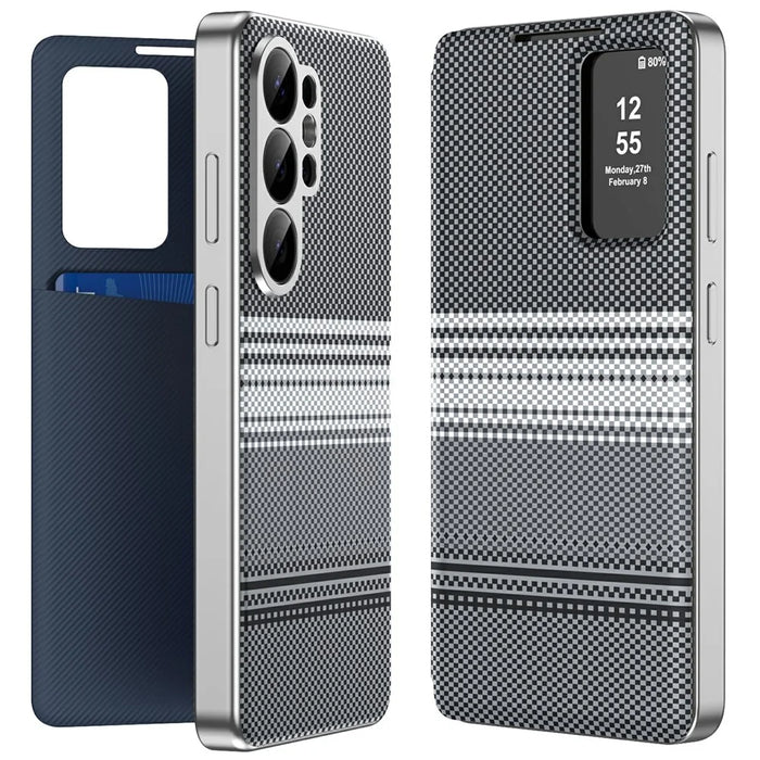 For Samsung Galaxy S26 Ultra Case Card Slot View Window Gradient Color Checkered Pattern Leather Phone Cover - Black - 1