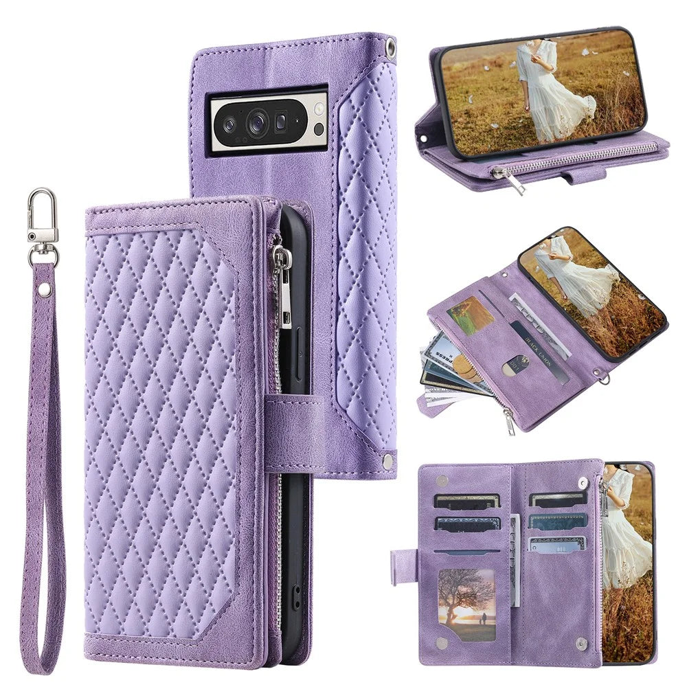 For Google Pixel 11 Pro XL Wallet Case Rhombus Stitching Line PU Leather Phone Cover with Wrist Strap - Purple - 1
