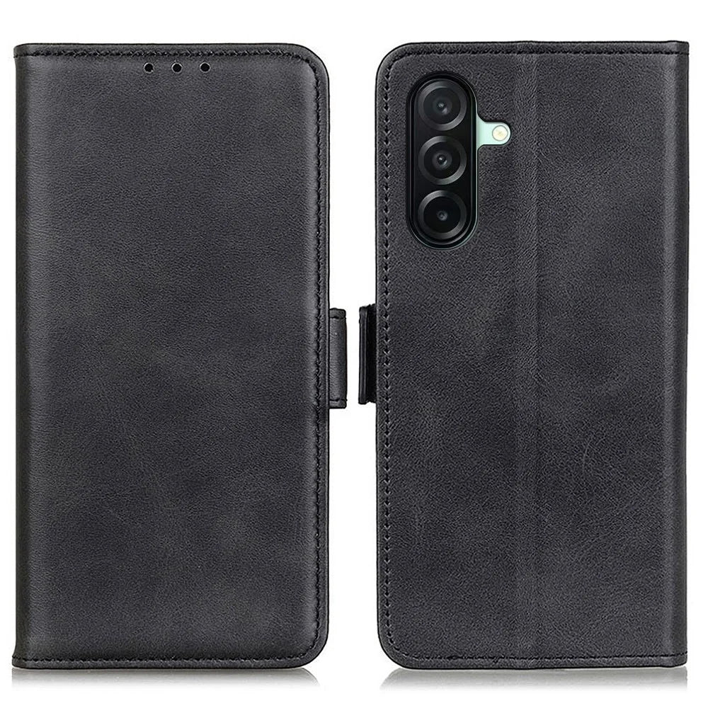 For Samsung Galaxy A27 5G Case Stand Cowhide Texture PU Leather Phone Cover - Black - 1