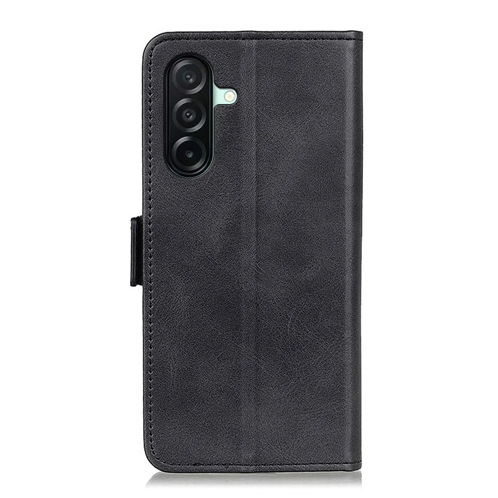 For Samsung Galaxy A27 5G Case Stand Cowhide Texture PU Leather Phone Cover - Black - 6