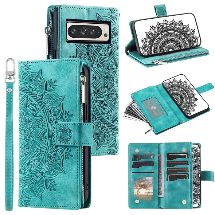 For Google Pixel 11 Pro XL Wallet Case Mandala Flower Pattern PU Leather Phone Cover with Wrist Strap - Mint Green - 1