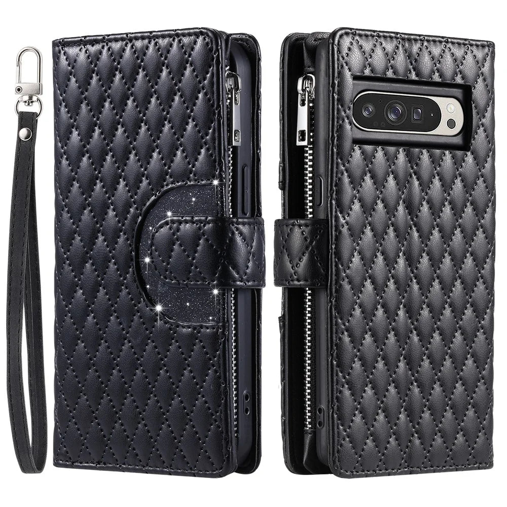 Style 012 for Google Pixel 11 Pro XL Zipper Wallet Anti-scratch Case Rhombus PU Leather Phone Cover - Black - 1