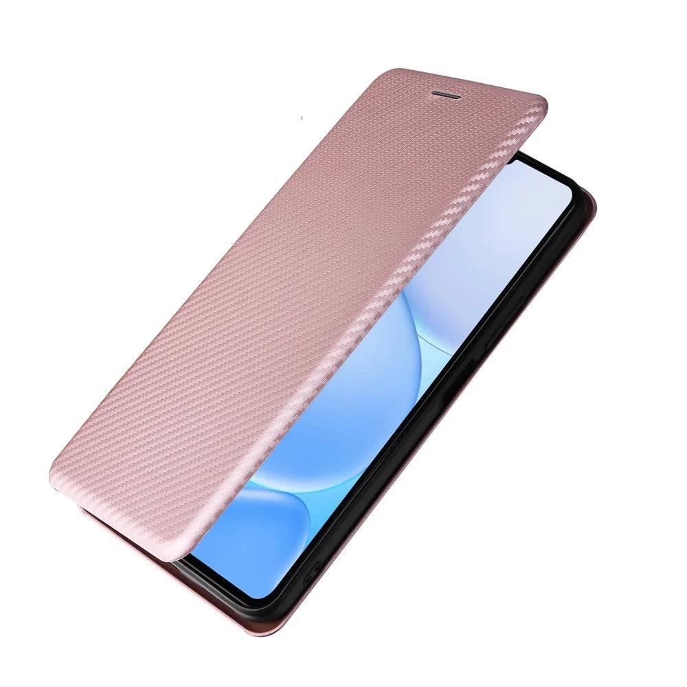 For Realme Note 80 4G Phone Case Carbon Fiber Texture Drop-Proof PU Leather Phone Cover - Rose Gold - 5