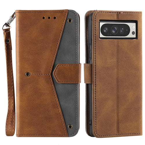 For Google Pixel 11 Pro XL Leather Case Splicing Stitching Wallet Phone Cover with Wrist Strap - Brown - 1