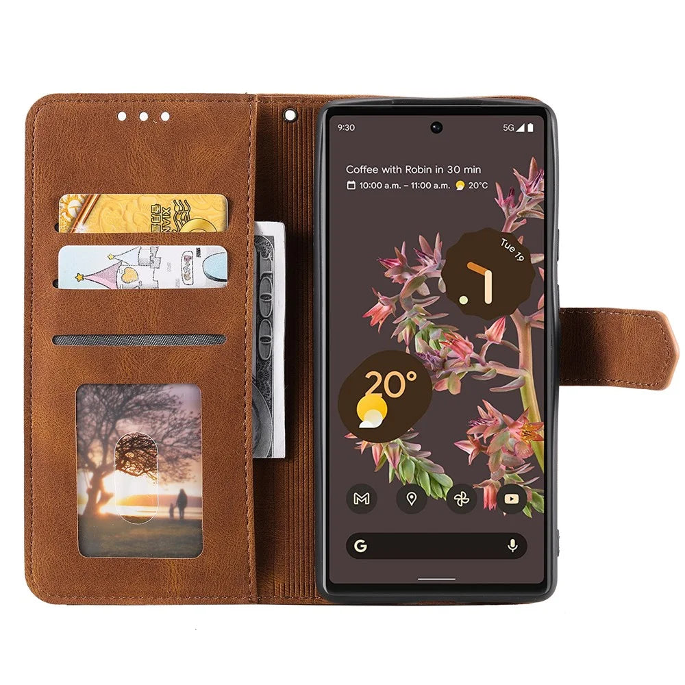 For Google Pixel 11 Pro XL Leather Case Splicing Stitching Wallet Phone Cover with Wrist Strap - Brown - 2
