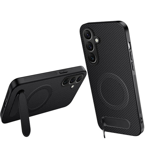 WANLONFENG For Samsung Galaxy A27 5G QT Series Magnetic Case Kickstand Carbon Fiber Texture PC TPU Phone Cover - Black - 1