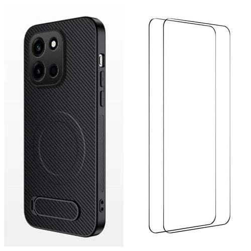 WANLONFENG For OnePlus Turbo 6 5G QT1 Series Magnetic Case with 2Pcs Tempered Glass Films Kickstand Carbon Fiber Texture PC TPU Phone Cover - Black - 1