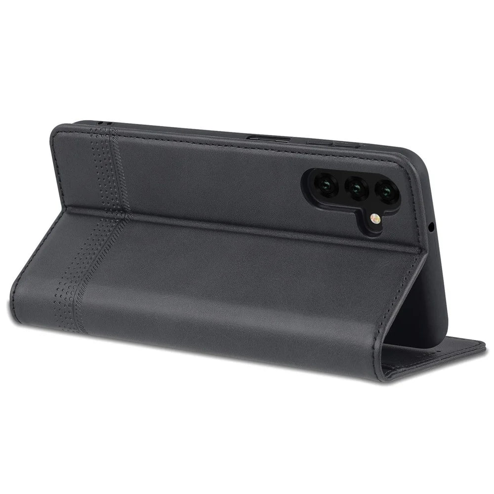 AZNS For Samsung Galaxy A14 5G / A14 4G Cowhide Texture Stand Phone Case PU Leather Magnetic Auto-absorbed Folio Flip Wallet Cover - Black - 4