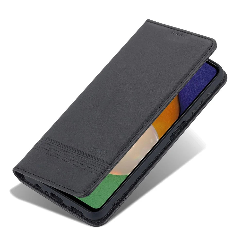 AZNS For Samsung Galaxy A14 5G / A14 4G Cowhide Texture Stand Phone Case PU Leather Magnetic Auto-absorbed Folio Flip Wallet Cover - Black - 5