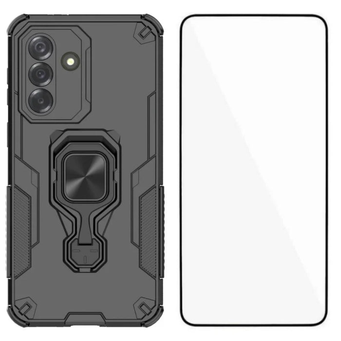 WANLONFENG For Samsung Galaxy A37 5G Phone Case PC TPU Back Cover Kickstand with Tempered Glass - Black - 1