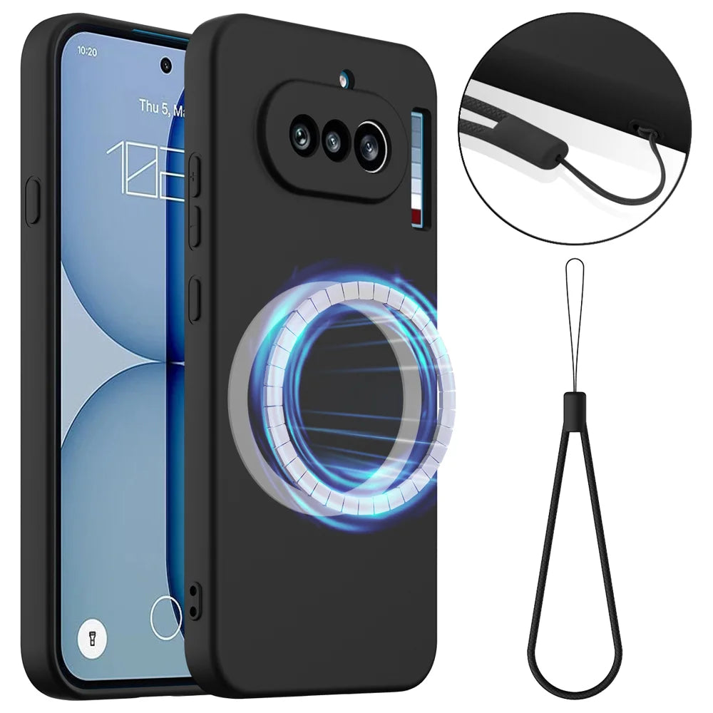 For Nothing Phone (4a) Magnetic Case Anti-Drop Liquid Silicone Phone Cover with Lanyard - Black - 1