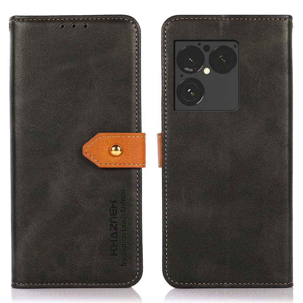 KHAZNEH For Sony Xperia 1 VIII Wallet Case Gold Magnetic Clasp Cowhide Texture Leather Flip Stand Phone Cover - Black - 1