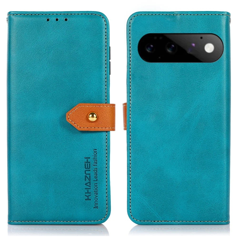 KHAZNEH For Google Pixel 11  /  Pixel 11 Pro Wallet Case Gold Magnetic Clasp Cowhide Texture Leather Flip Stand Phone Cover - Blue - 1