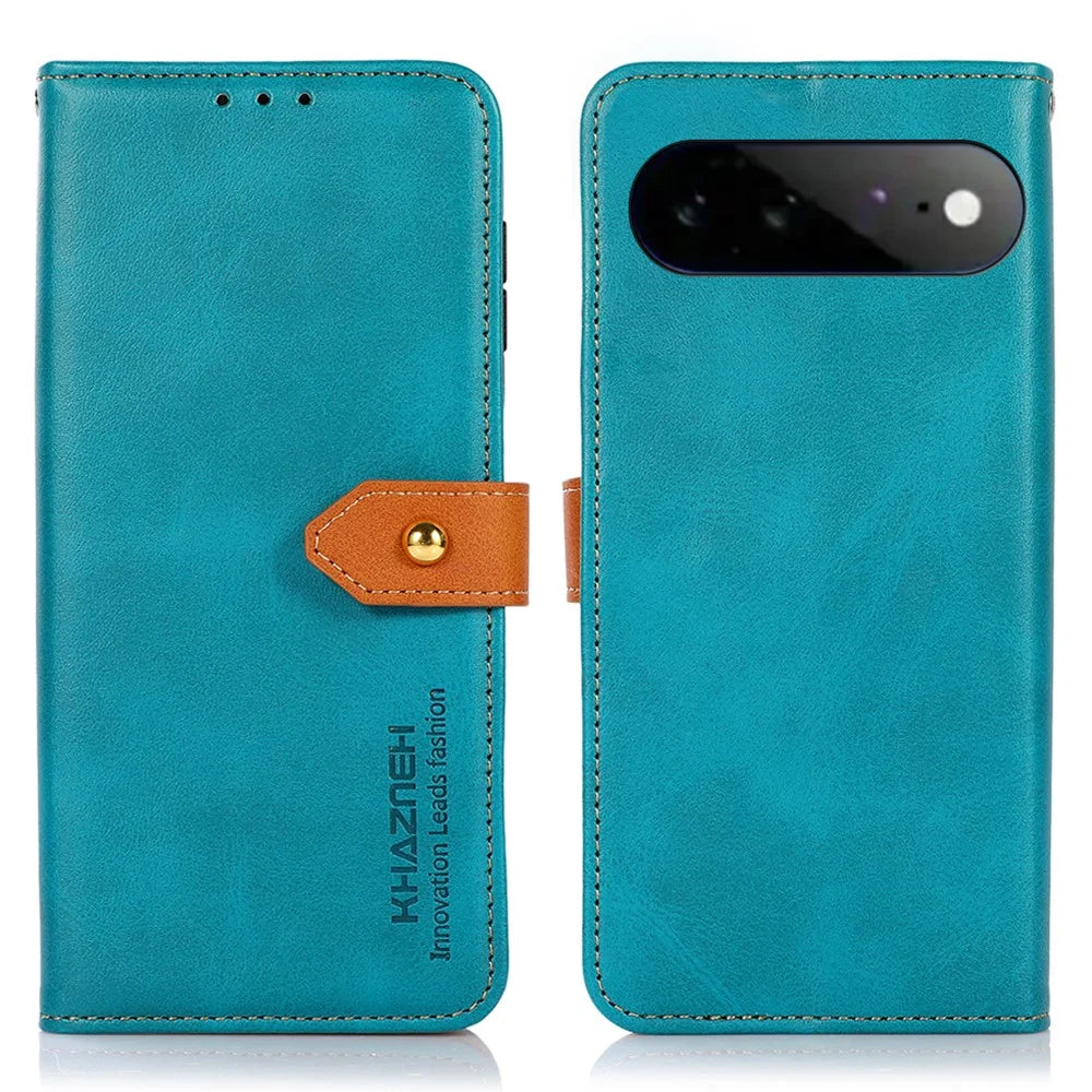 KHAZNEH For Google Pixel 11 Pro XL Wallet Case Gold Magnetic Clasp Cowhide Texture Leather Flip Stand Phone Cover - Blue - 1