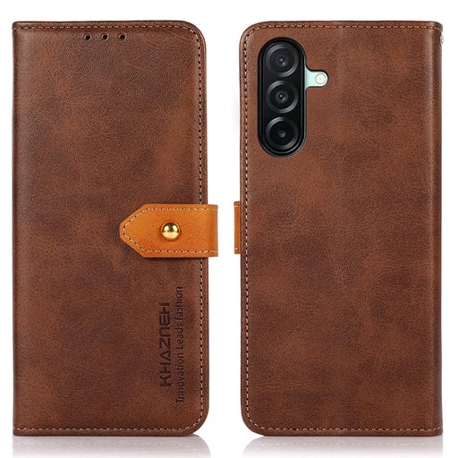 KHAZNEH For Samsung Galaxy A27 5G Wallet Case Gold Magnetic Clasp Cowhide Texture Leather Flip Stand Phone Cover - Brown - 1