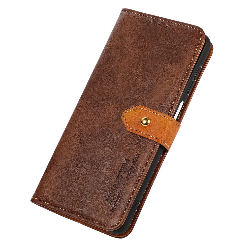 KHAZNEH For Samsung Galaxy A27 5G Wallet Case Gold Magnetic Clasp Cowhide Texture Leather Flip Stand Phone Cover - Brown - 4