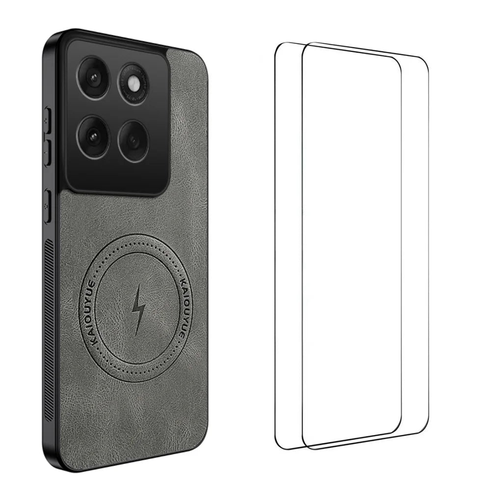 WANLONFENG For Motorola Edge 60 5G / Motorola Edge 60 Fusion 5G SD Series Magnetic Case Nappa Texture PC TPU Phone Cover with 2Pcs Screen Film - Grey - 1
