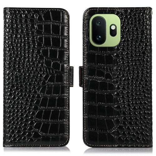 For OnePlus 15T 5G Case RFID Blocking Wallet Crocodile Texture Genuine Cow Leather Phone Cover - Black - 1