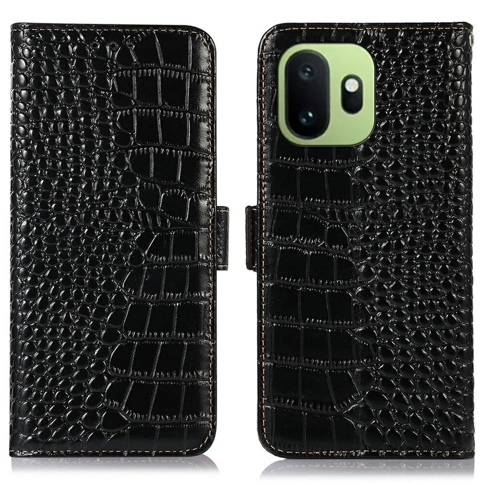 For OnePlus 15T 5G Case RFID Blocking Wallet Crocodile Texture Genuine Cow Leather Phone Cover - Black - 1