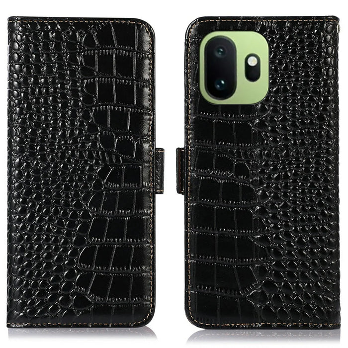 For OnePlus 15T 5G Case RFID Blocking Wallet Crocodile Texture Genuine Cow Leather Phone Cover - Black - 1